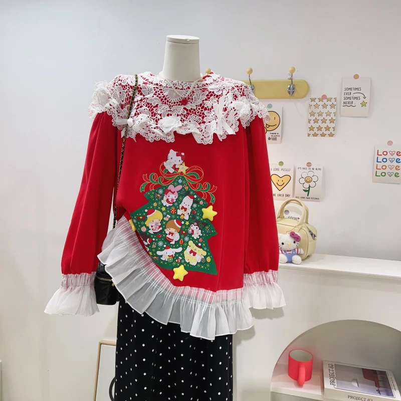 【钱呼呼】2024秋冬圣诞元素显白红色加绒卫衣蕾丝花边拼接甜美减龄