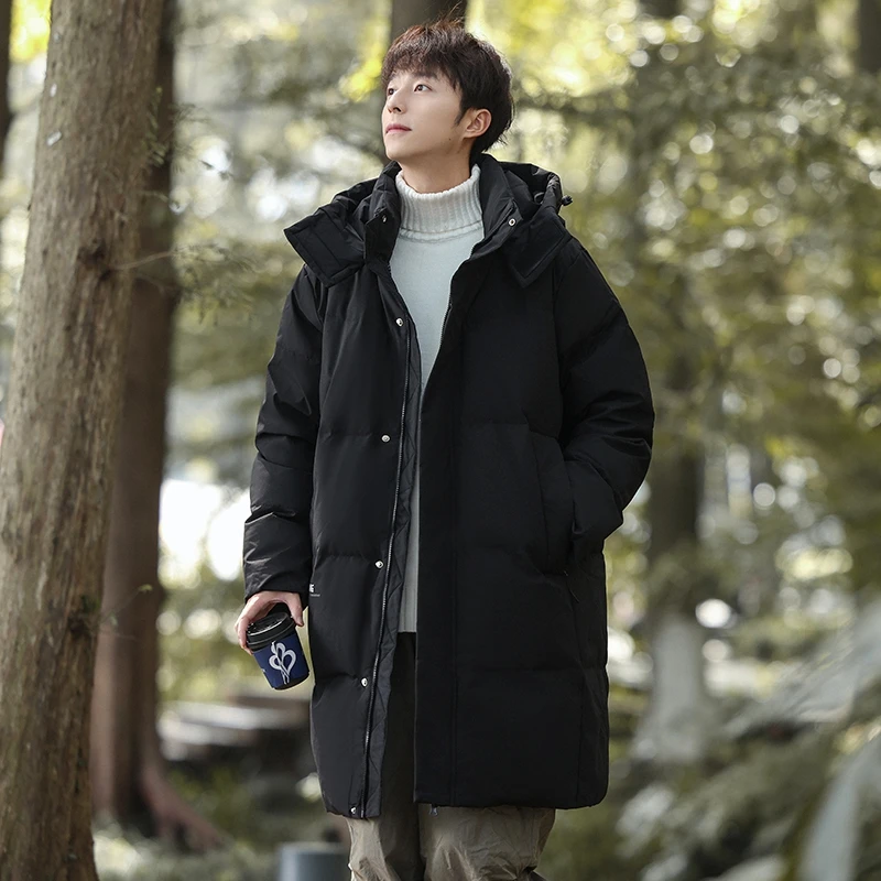 混淆  中长款羽绒服男士2024冬季韩版连帽过膝白鸭绒大衣保暖外套