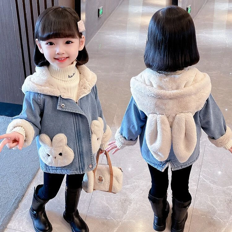 巴拉女童加绒牛仔外套秋冬款2023新款儿童洋气加厚保暖女宝宝冬装