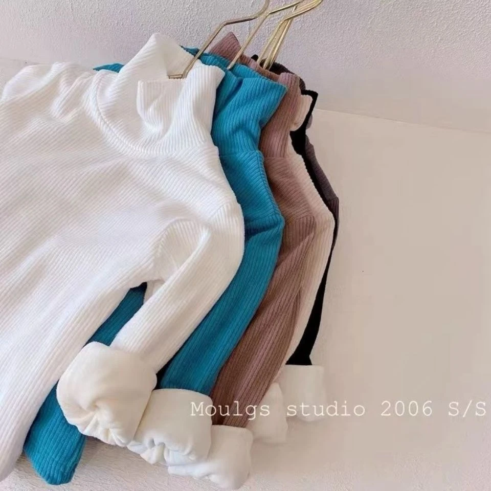 巴拉高尖货~韩版童装21冬装新品男童女童细坑条磨毛加绒高领打底