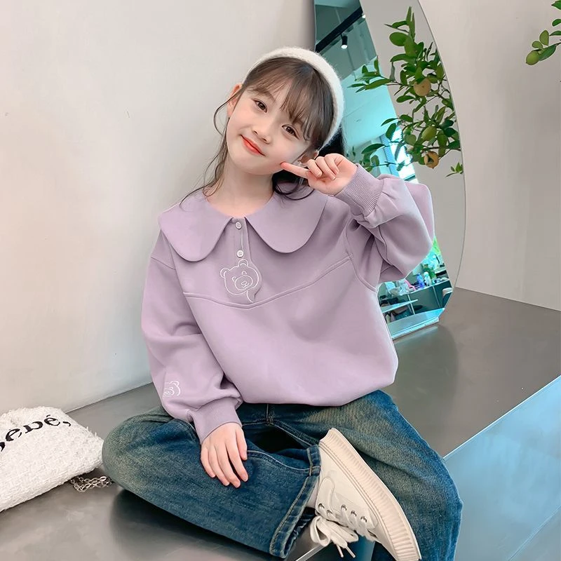 巴拉女童秋季卫衣2023新款洋气小女孩娃娃领宽松纯色上衣休闲百搭