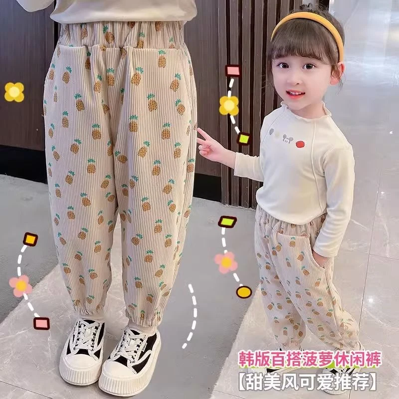 巴拉女童裤子秋冬2023新款中小童哈伦裤宽松灯芯绒时尚裤印花束脚