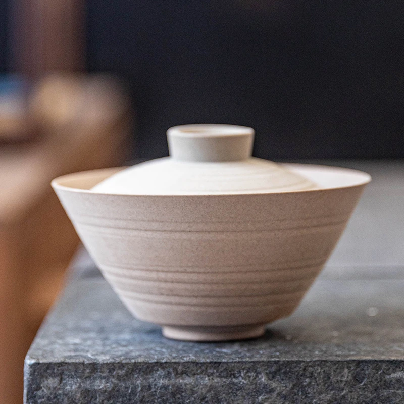 景德镇复古老岩泥粗陶盖碗功夫茶具陶瓷泡茶柴烧二才哑光家用喝茶