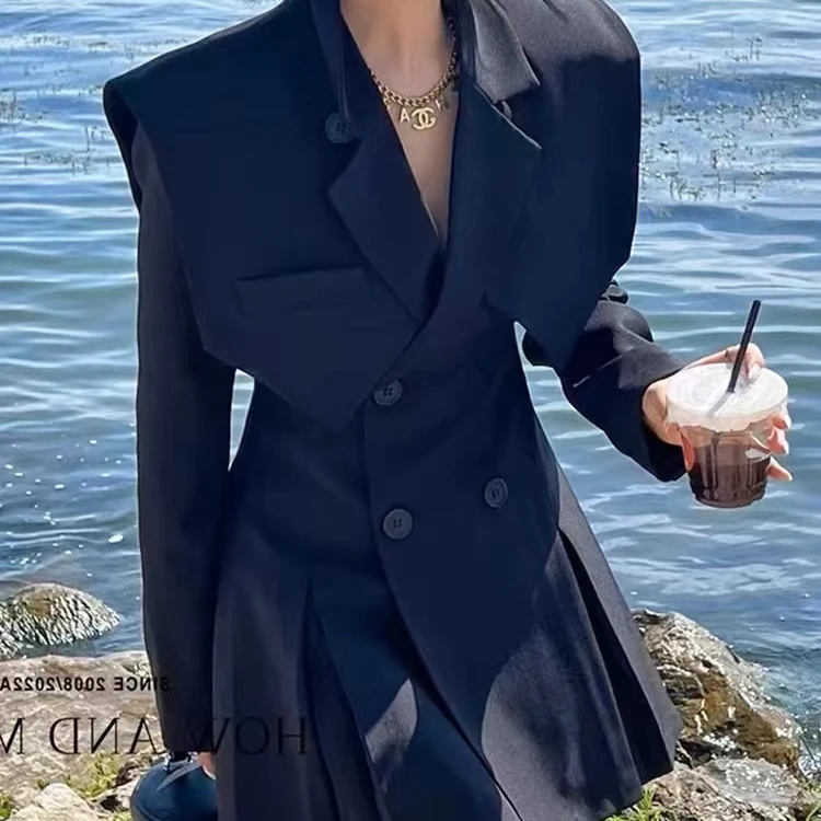 2024秋季新款韩版收腰显瘦设计感西装连衣裙女海军领双排扣a字裙