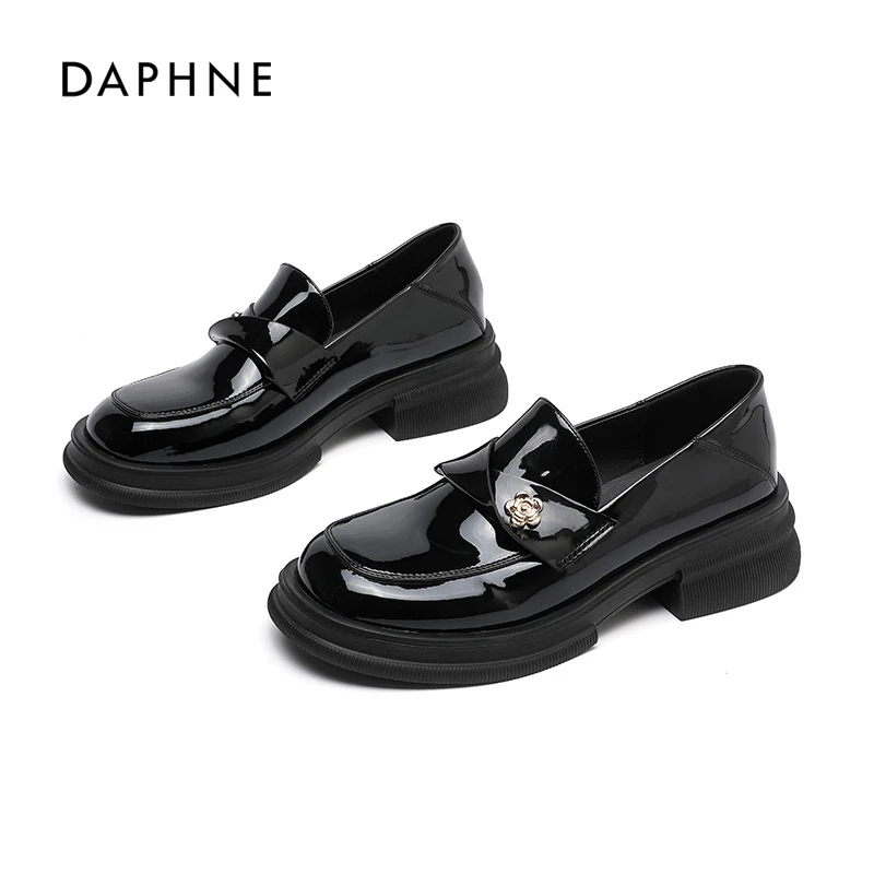 达芙妮乐福鞋女新款2025夏季一脚蹬复古百搭英伦风厚底黑色小皮鞋