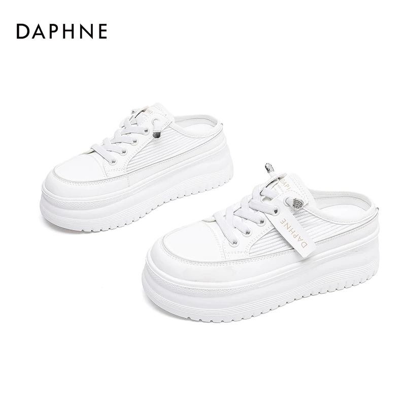 达芙妮真皮包头半拖鞋女2025夏季外穿松糕厚底小白鞋透气网面凉拖