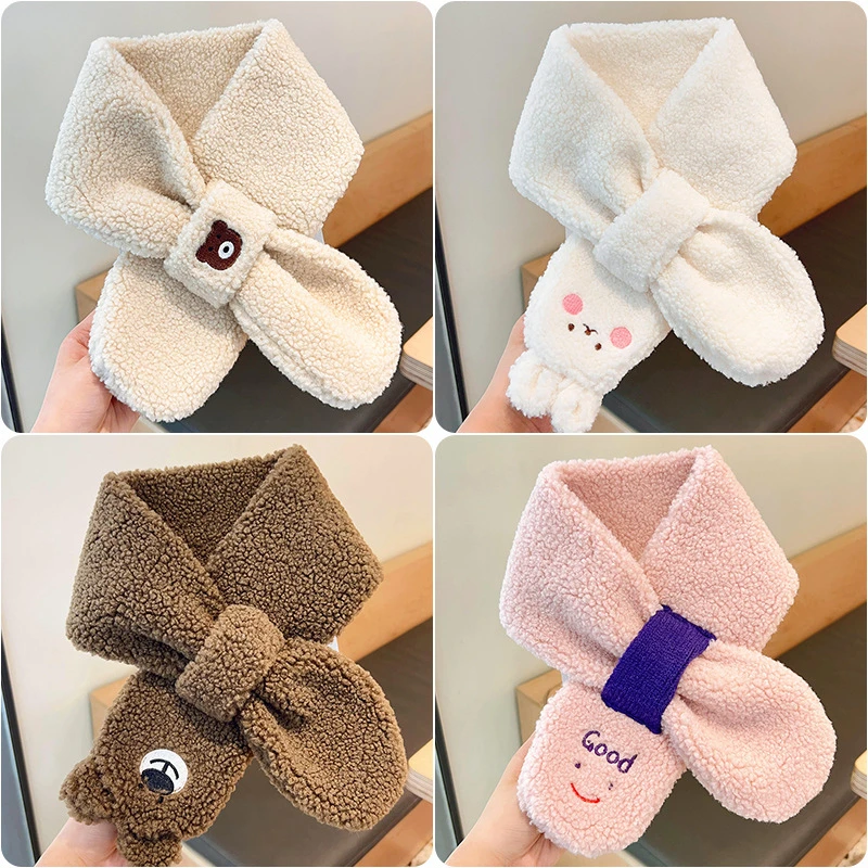 2023冬季新款儿童围巾毛绒高颜值可爱羊羔卡通小熊围巾日系保暖