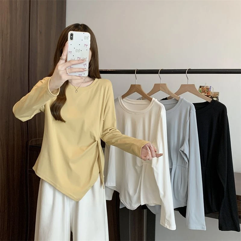 法式大码女装胖mm秋季新款长袖打底衫简约百搭t恤抽褶不规则上衣