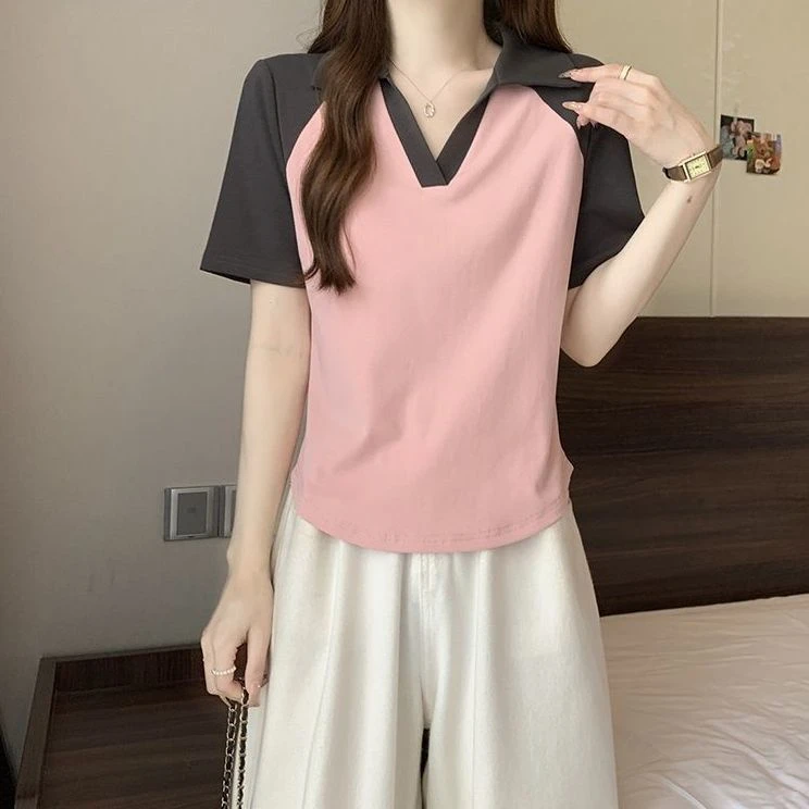 胖mm大码女装插肩短袖t恤夏季新款修身显瘦气质v领时尚纯欲风上衣