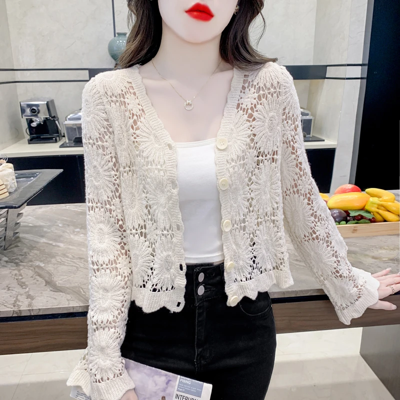 女短款镂空夏季长袖蕾丝短外套上衣防晒衫白色外搭女装春夏百搭