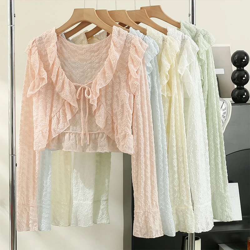 开衫女薄款荷叶边喇叭长袖短款外搭小披肩夏季配吊带裙子罩衫蕾丝