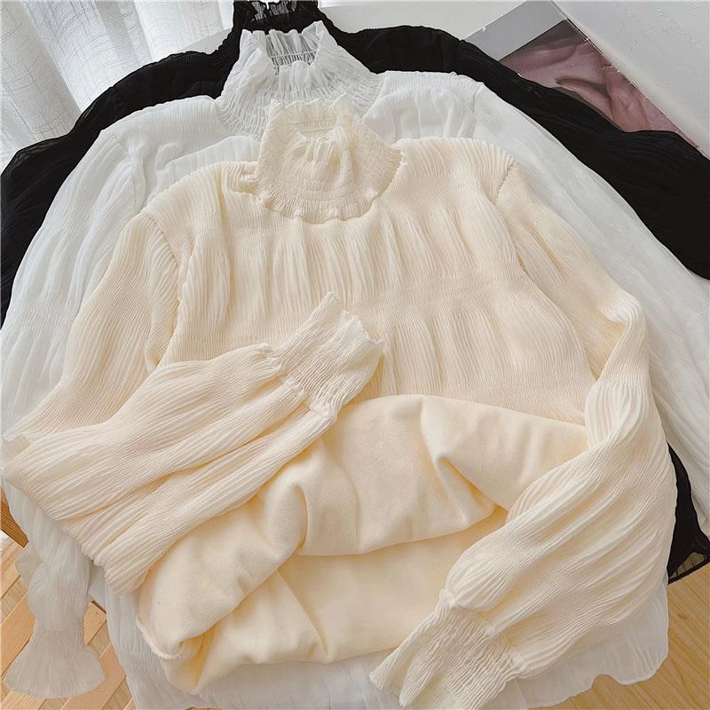 加绒雪纺上衣毛衣内搭女秋冬大码胖mm木耳边半高领长袖蕾丝打底衫