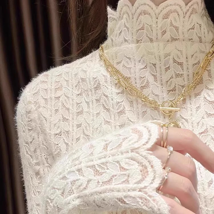 花边半高领水貂绒蕾丝打底衫女长袖2023秋季新款洋气内搭网纱上衣