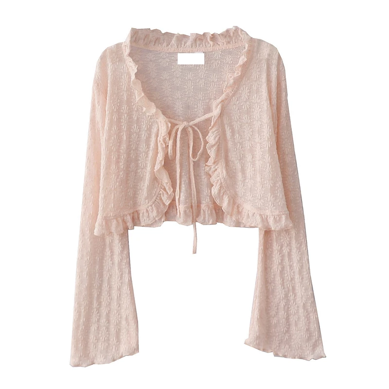 夏季新款韩版温柔风木耳边系带薄款喇叭袖蕾丝短款系带开衫外套女