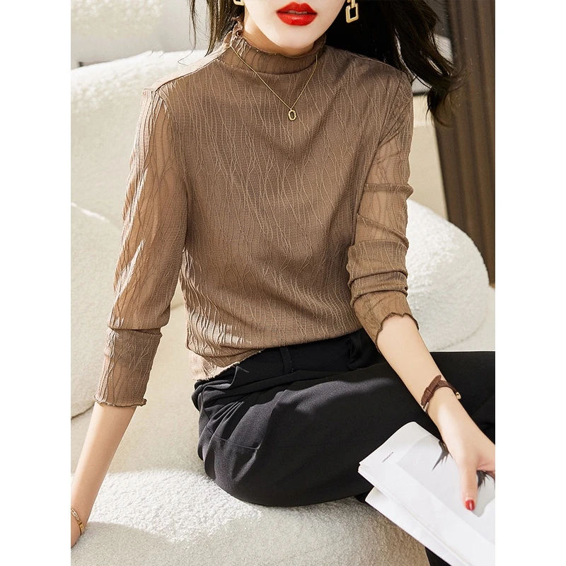 网纱打底衫女春秋2023新款时尚薄款内搭蕾丝衫修身半高领长袖t恤