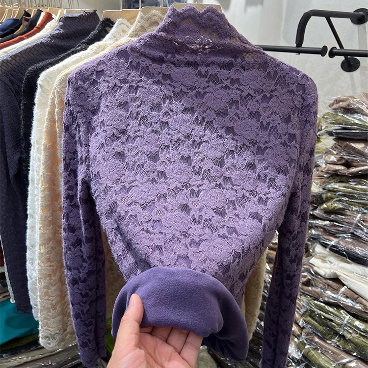 欧货木耳边半高领加绒加厚蕾丝小衫女2022秋冬新款网纱植绒打底衫