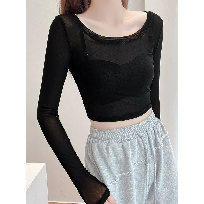 半截网纱打底衫女内搭长袖防晒上衣黑色透视紧身蕾丝短款纱衣夏薄