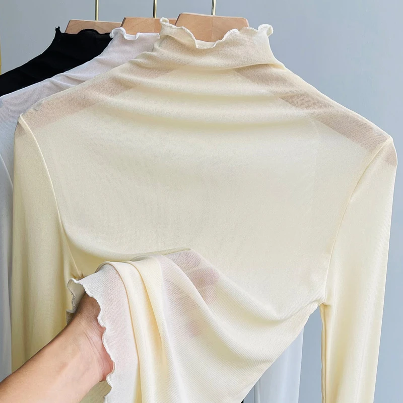 透明高领网纱打底衫女内搭长袖纱t2023新款洋气薄款内搭蕾丝小衫