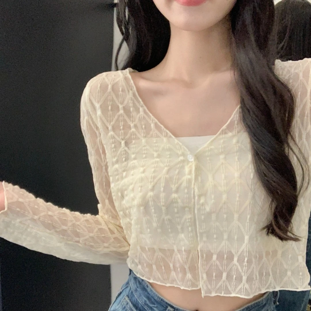 夏季防晒网红爆款小衫外搭短款v领镂空蕾丝开衫外套女上衣服2104