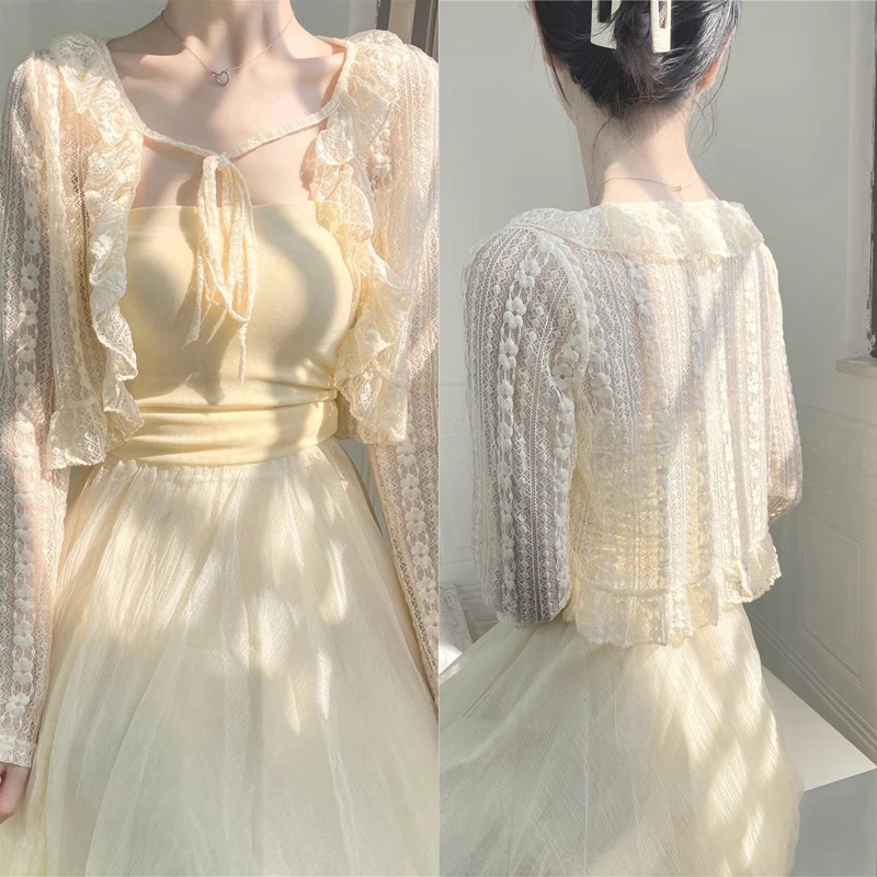 蕾丝开衫外套系带防晒罩衫薄款外搭短款雪纺冰丝喇叭袖大码女夏季