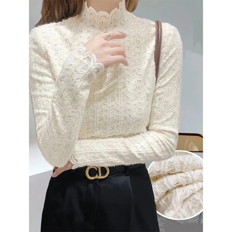 半高领蕾丝小衫女秋冬高级感漂亮时尚的加绒加厚中领内搭打底上衣