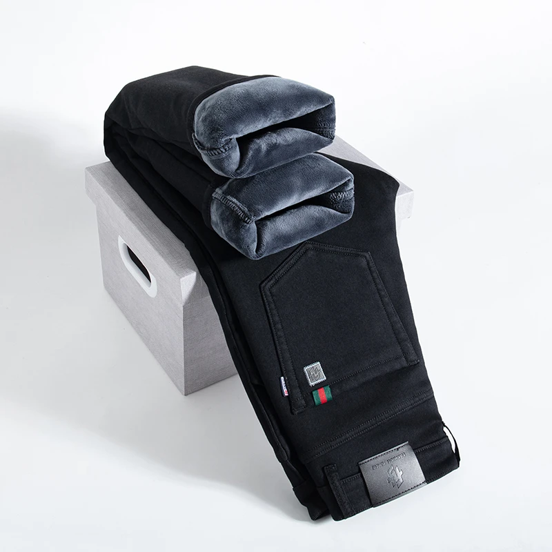 秋冬季加绒加厚款牛仔裤男士宽松直筒商务弹力休闲长裤冬天保暖裤