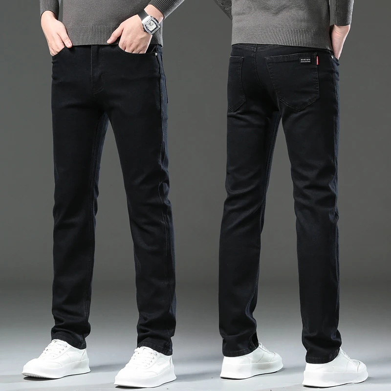 春秋季厚款牛仔裤男士宽松弹力休闲长裤直筒商务韩版纯黑色男裤潮