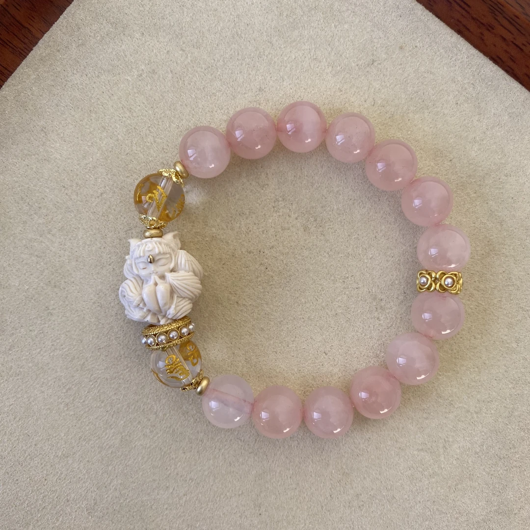 【自由被爱】天然雪花猛犸九尾狐樱桃粉白色手串