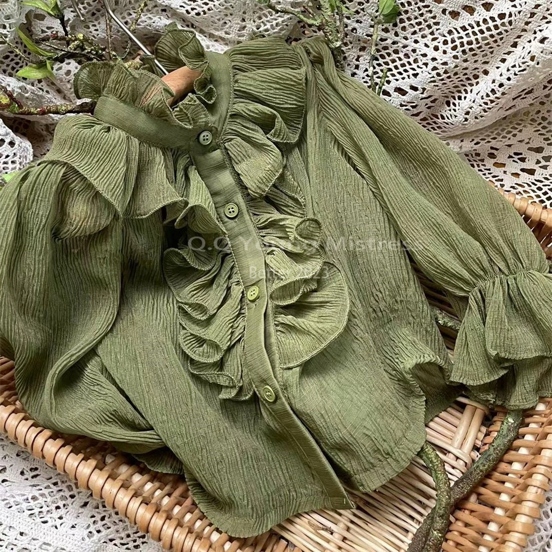 小众设计师款 春夏新款荷叶边方领女童 洋气百搭长袖上衣