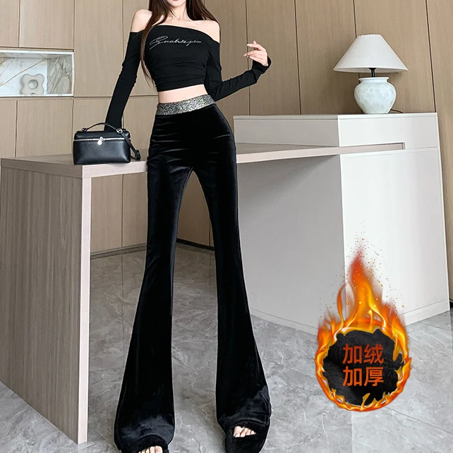加绒加厚金丝绒烫钻微喇裤女冬季新款高腰修身显瘦时尚气质拖地裤