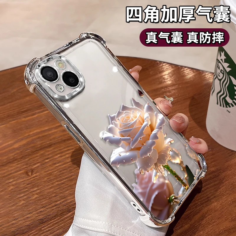 适用于苹果13水晶玫瑰电镀防摔壳创意女手机壳保护套