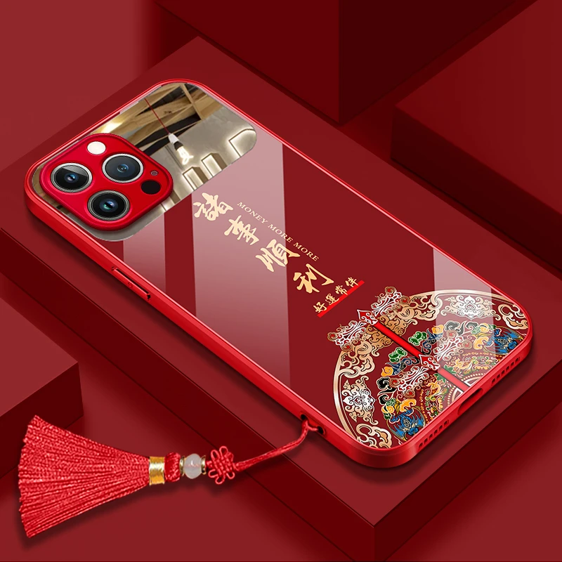 半镜面玻璃诸事顺利苹果15华为/vivo/oppo女款iphone14防摔手机壳
