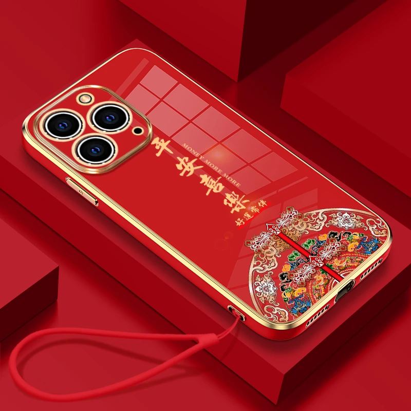 平安喜乐直边电镀可苹果15华为/vivo/oppo小米iphone14防摔手机壳