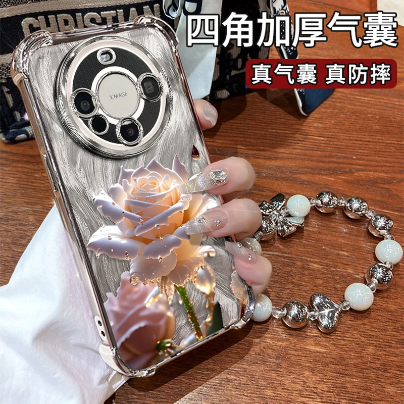 适用于华为mate60pro水晶玫瑰羽纱电镀防摔壳保护女款高级手机壳