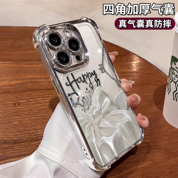 适用苹果13promax丝绒蝴蝶结女款网红高级感保护套电镀防摔壳