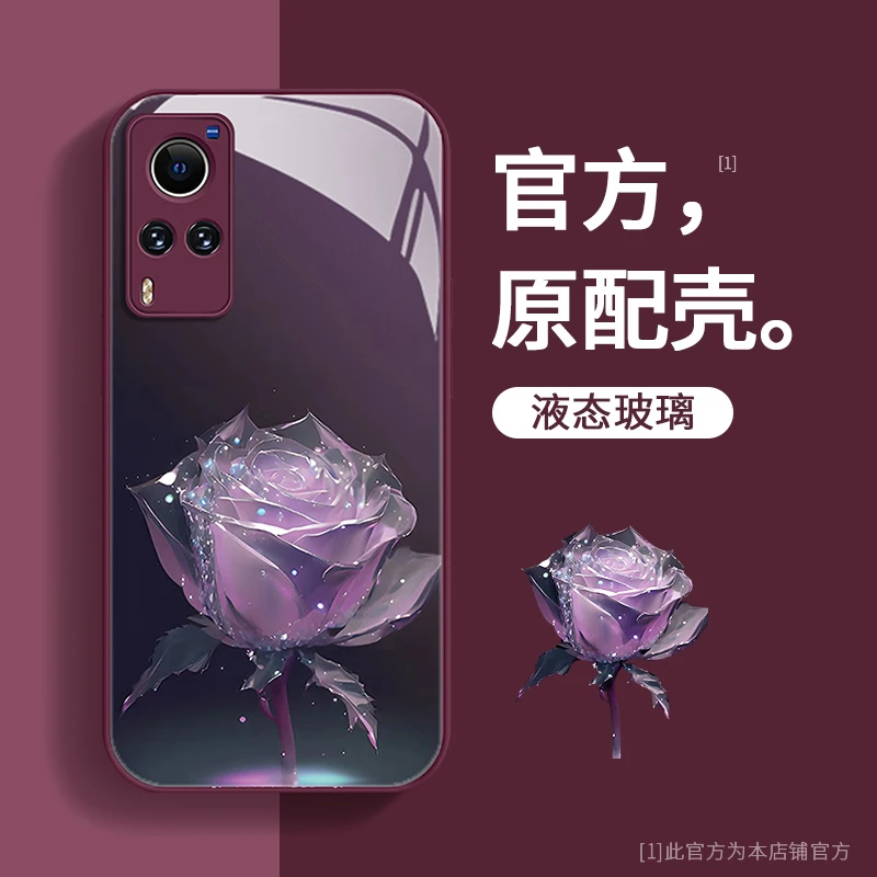 适用于VIVOX60玻璃壳玫瑰手机壳女新款镜头防摔保护套