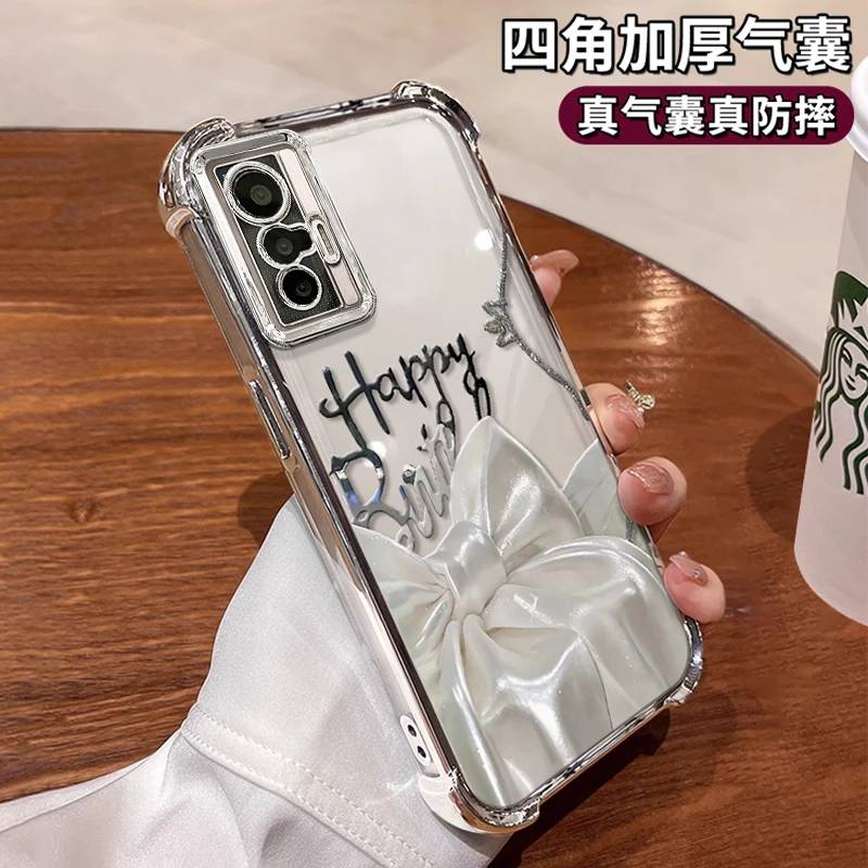 适用VIVOX70丝绒蝴蝶结女款网红高级感保护套电镀防摔壳