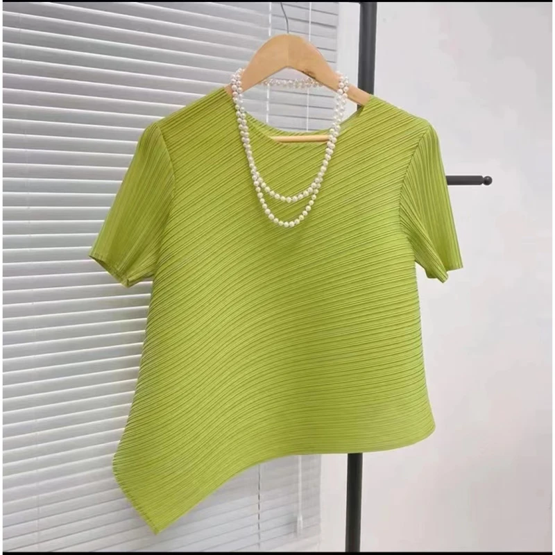 三宅褶皱面料夏季上衣女不规则短袖夏宽松中长款小众显瘦t恤女