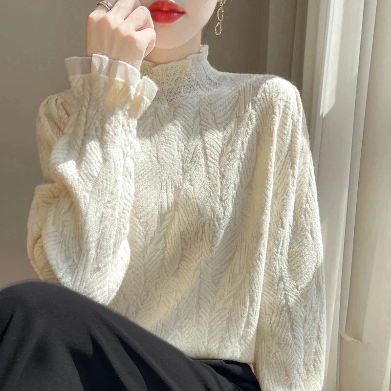 轻熟高级感木耳领打底衫女内搭毛衣蕾丝针织衫线衣小香风小衫上衣