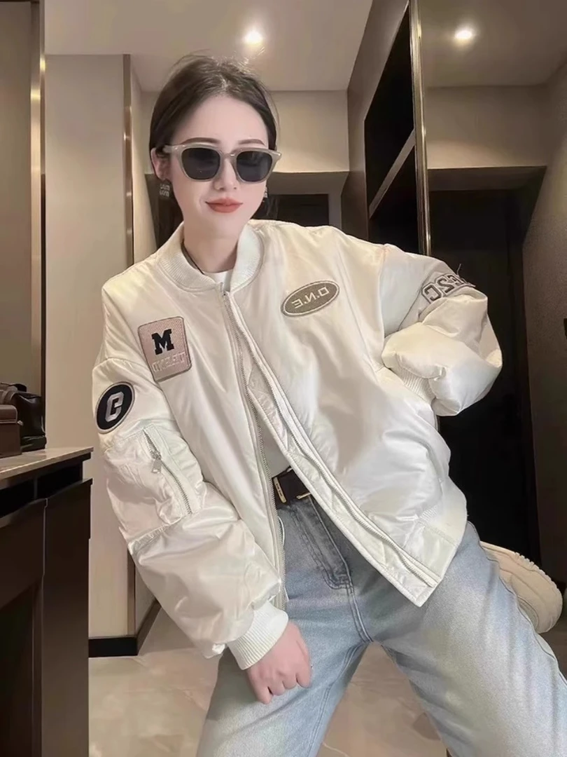 米白色美式棒球服女2024春季新款宽松休闲小个子短款立领夹克外套