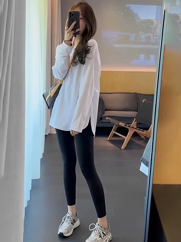 中长款长袖T恤女秋冬洋气宽松遮屁股上衣休闲白色开叉打底衫时尚