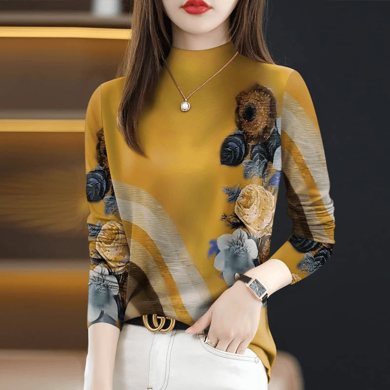 2025秋冬新款妈妈装长袖半高领打底衫休闲贵气洋气T恤女显瘦上衣