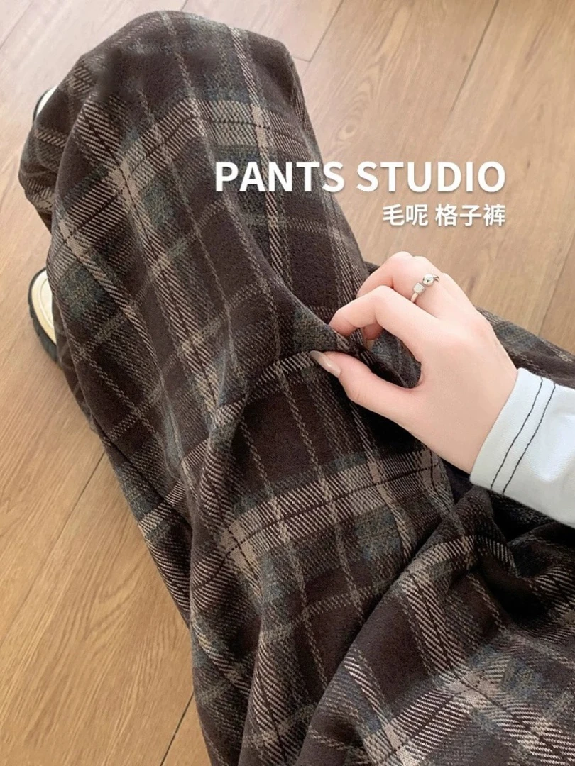 毛呢格子阔腿裤女秋冬新款复古美拉德裤子高腰垂感加绒直筒休闲裤