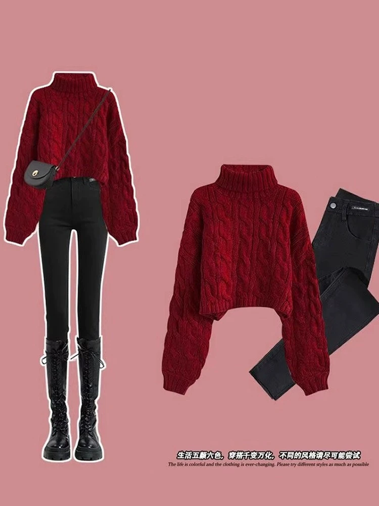 红色短款高领毛衣女春季新款法式气质麻花加厚加绒保暖针织打底衫