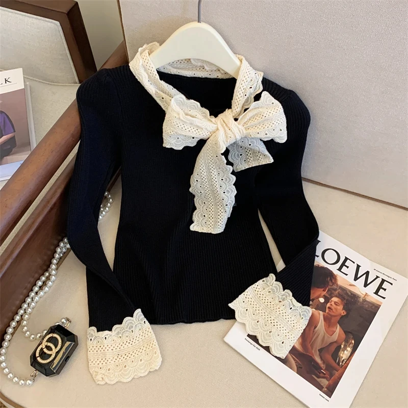 法式蕾丝花边蝴蝶结针织衫女秋冬修身显瘦打底衫轻熟长袖毛衣上衣
