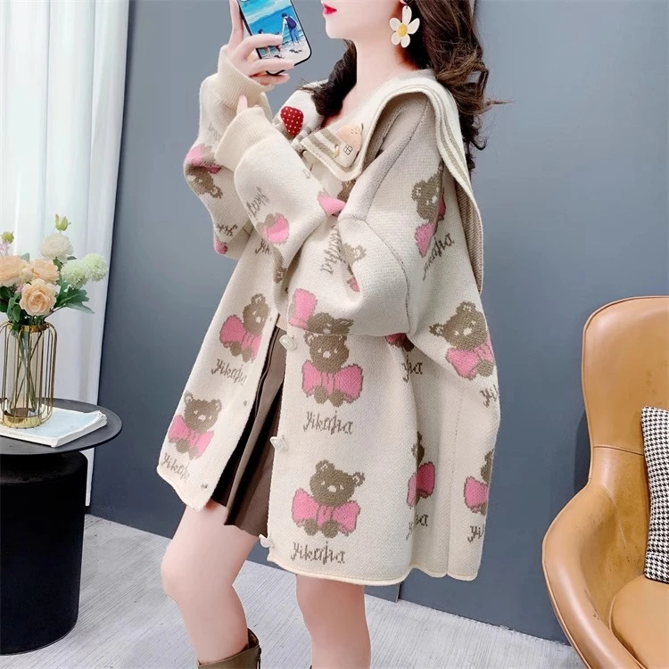 设计感海军领卡通小熊毛衣开衫女秋季2025新款宽松减龄学院风外套