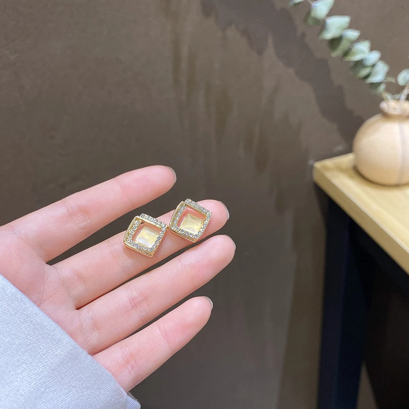 S925银针几何方形满钻耳钉女韩式小众复古耳环设计