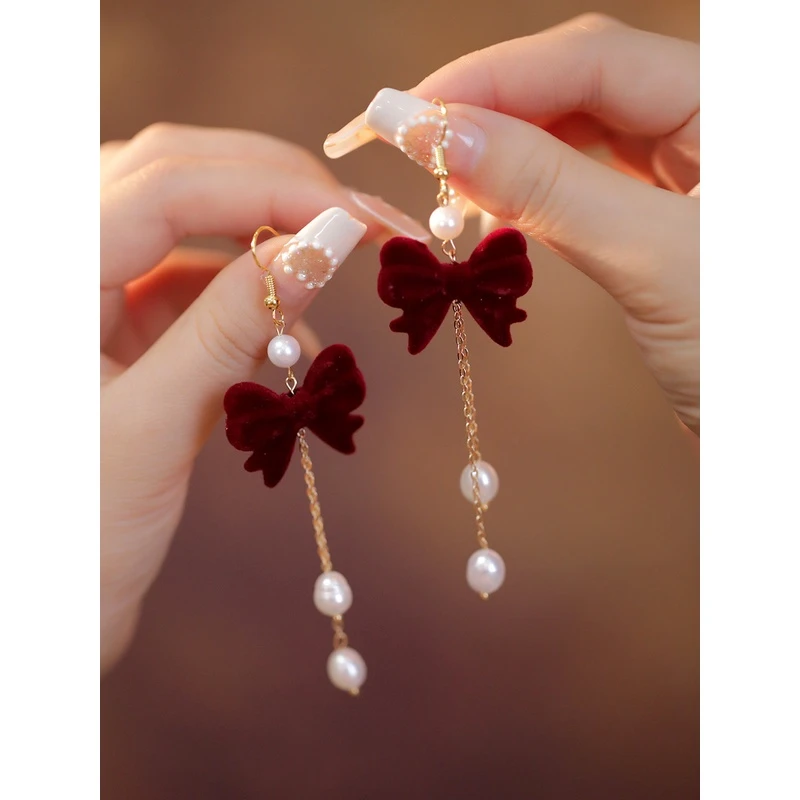 红色耳环气质名媛复古 旗袍古风秋冬耳坠流苏长款蝴蝶结