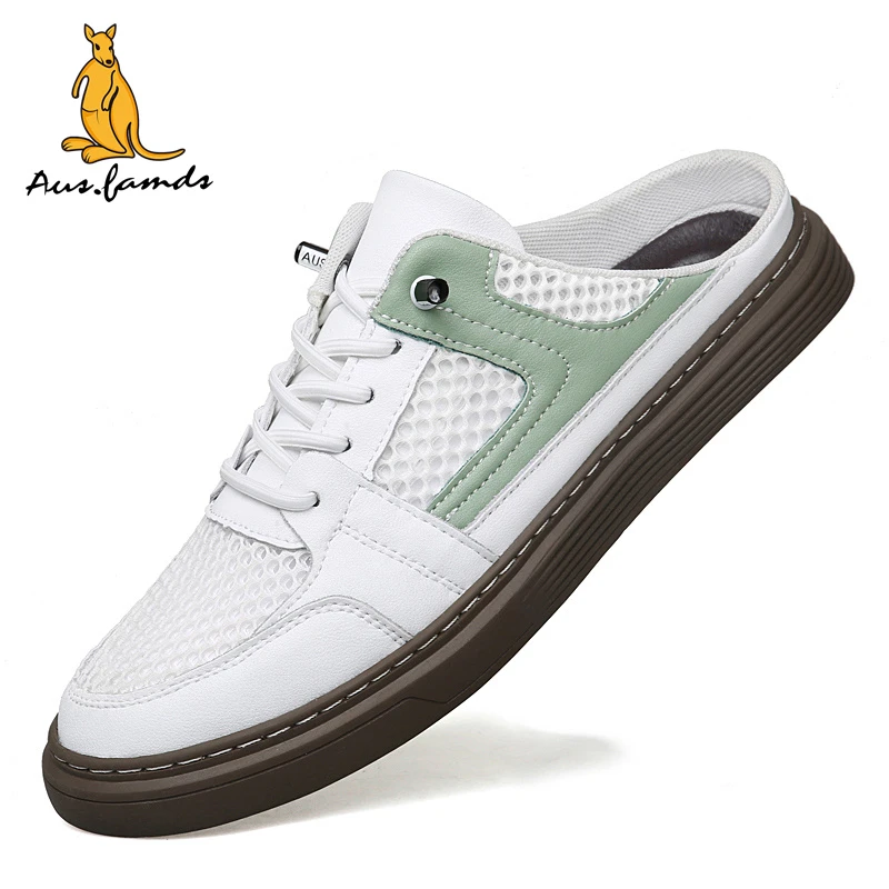 澳洲名袋鼠夏季透气男鞋休闲百搭软底潮流半拖镂空网面鞋包头拖鞋