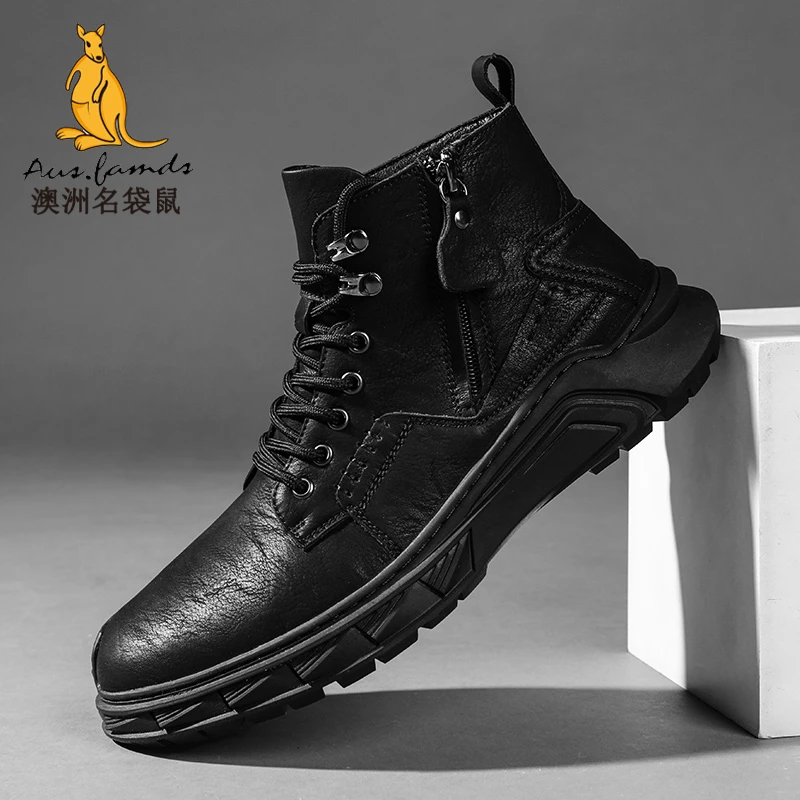 AUSFAMDS/澳洲名袋鼠男士时尚潮鞋秋冬加绒保暖马丁靴百搭工装靴